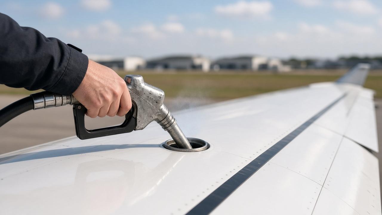 Fuel nozzle refuelling the wing tank of a light aircraft on a sunny day