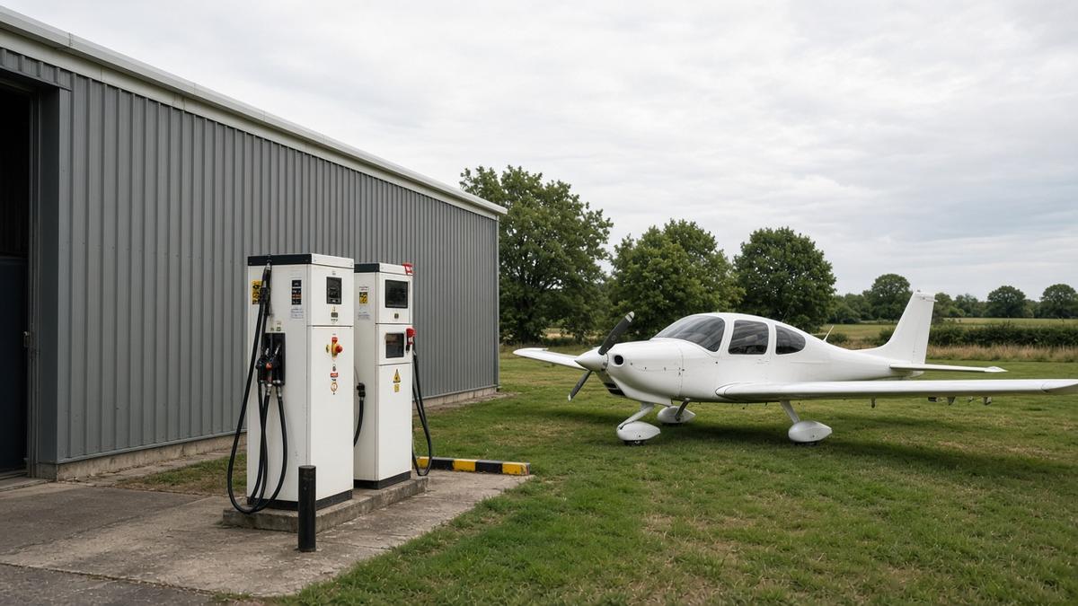 Airfield fuel pumps beside a hangar with a light aircraft waiting to refuel