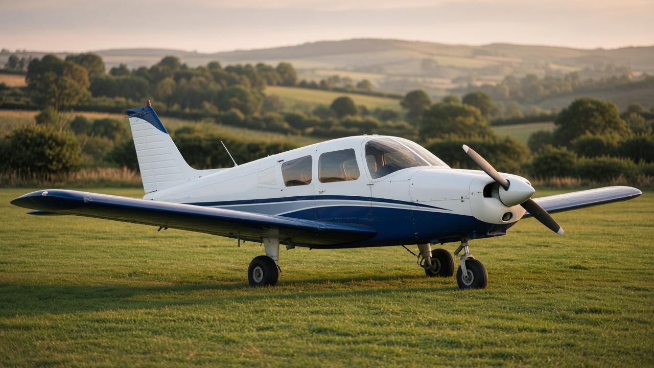White and blue four-seat light aircraft parked on a grass airfield at sunset