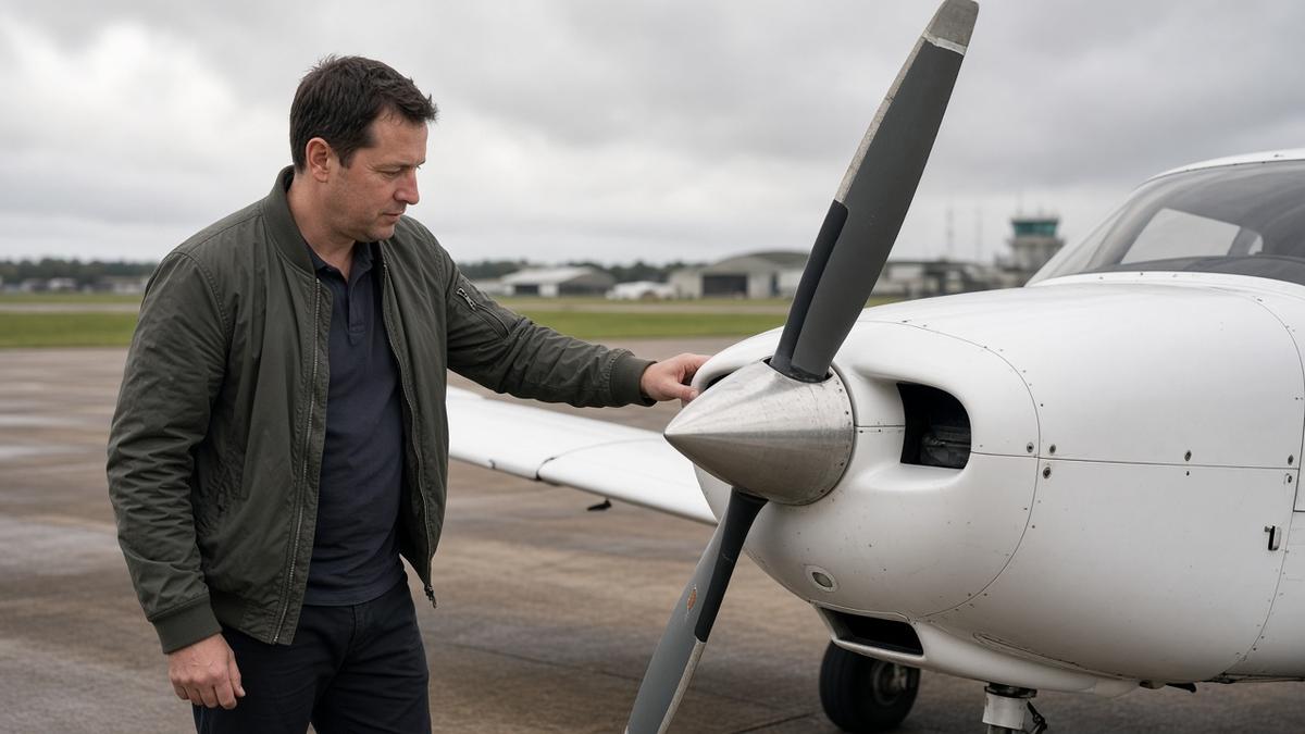 Pilot inspecting the propeller and engine cowling of a light aircraft on an apron