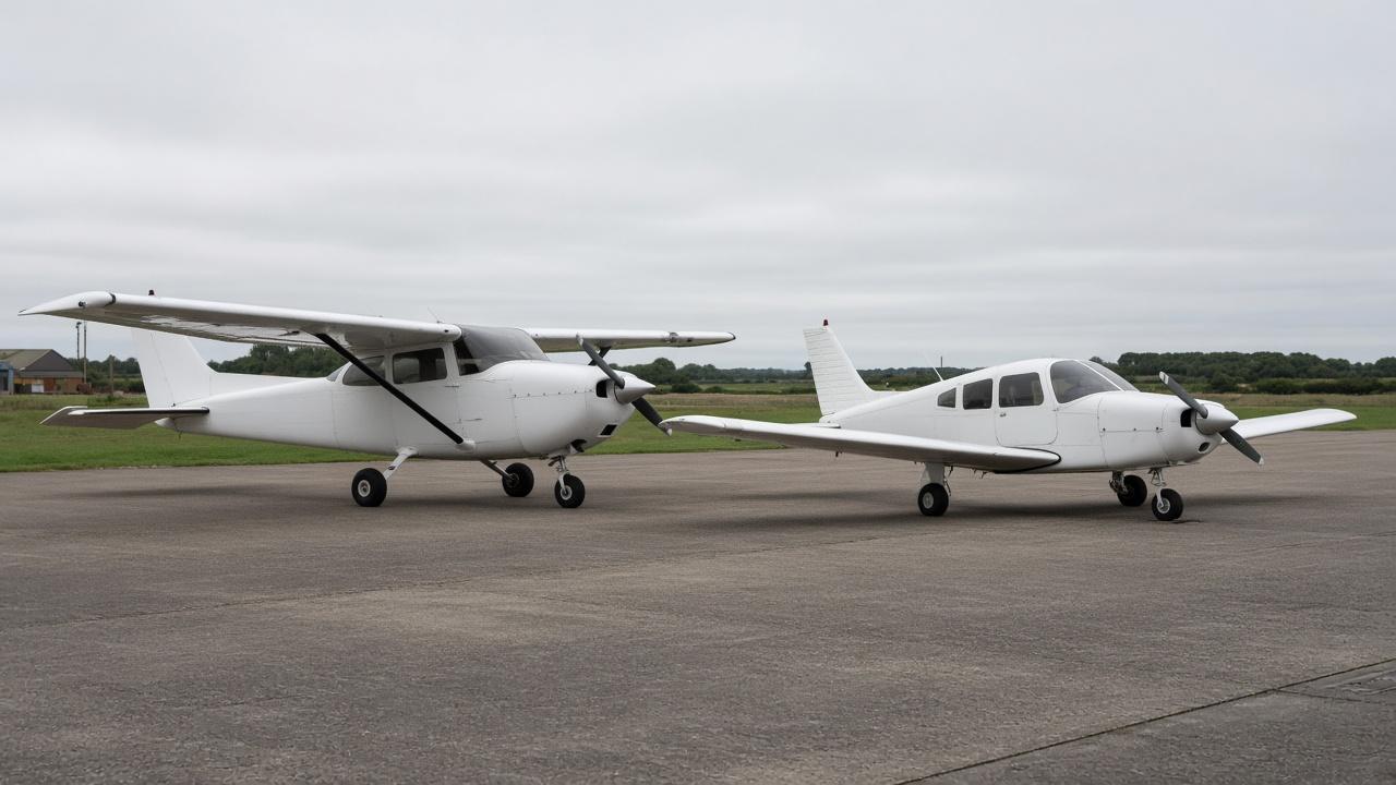 High-wing and low-wing four-seat light aircraft parked side by side on an airfield apron