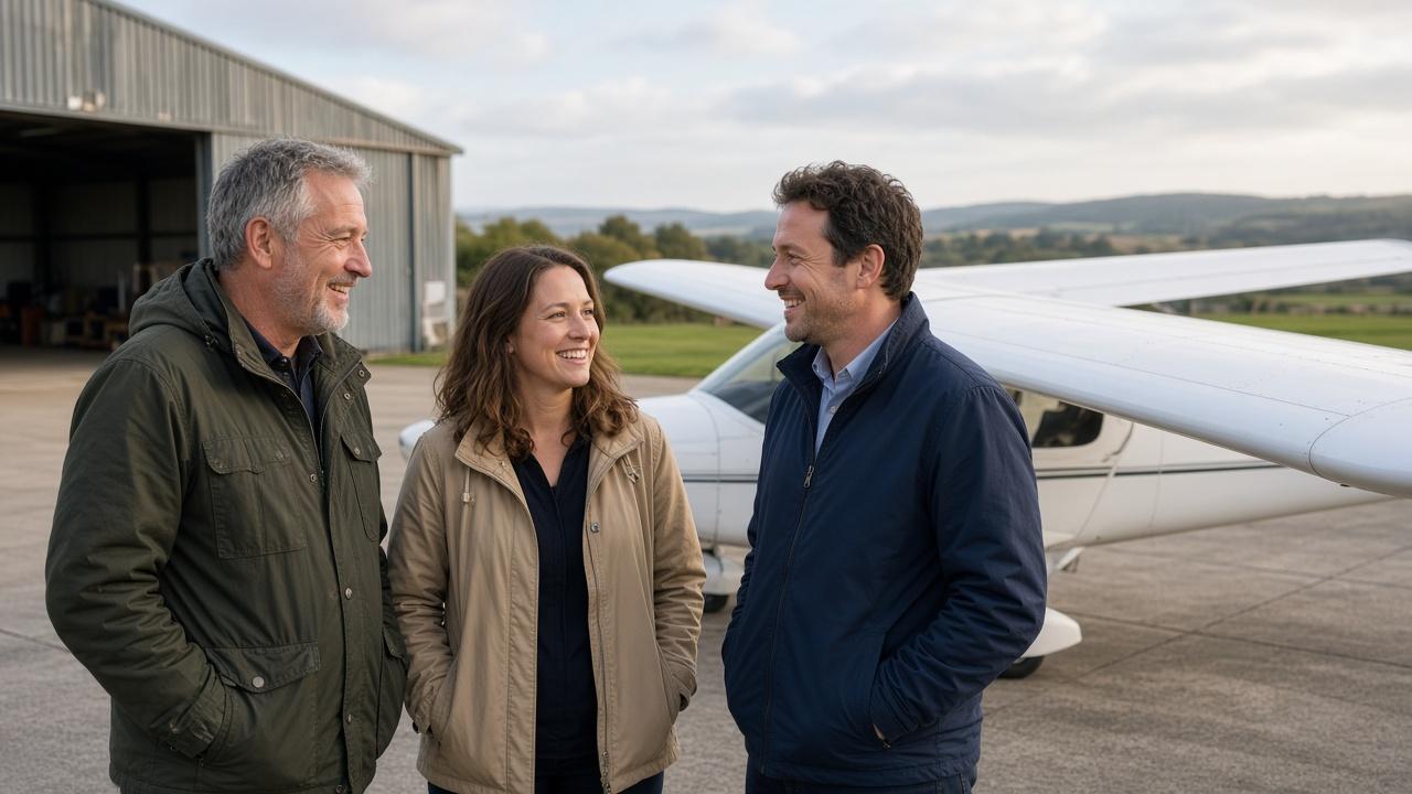 Three pilots chatting beside a four-seat light aircraft outside a hangar