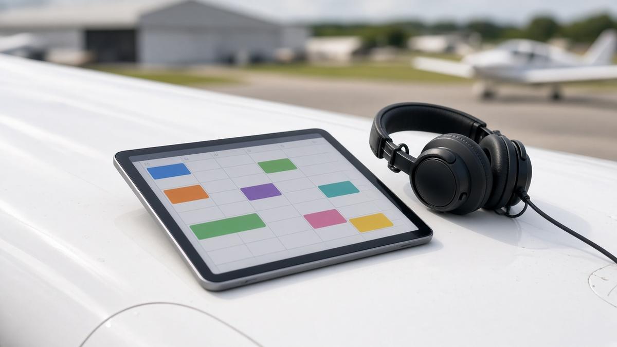 Tablet showing an aircraft booking calendar resting on the wing of a light aircraft