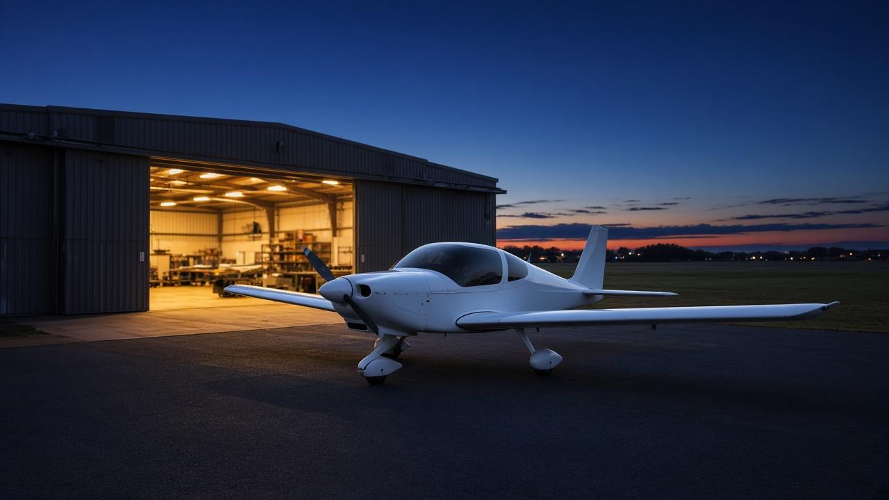 Light aircraft parked outside a hangar at dusk with the hangar lights glowing