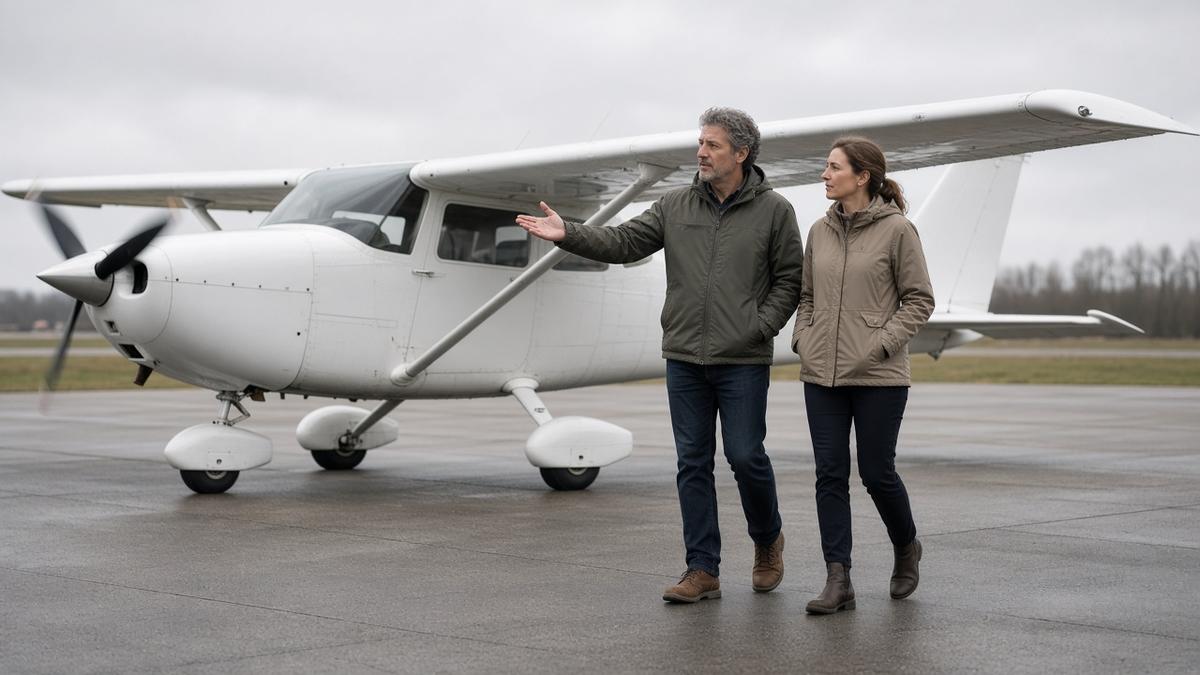 Two pilots looking over a light aircraft together on an airfield apron