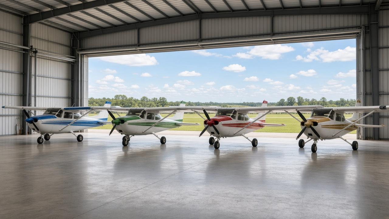 Row of light aircraft parked neatly inside a large hangar with the doors open