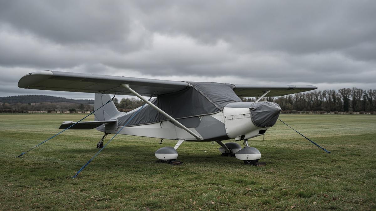 Light aircraft tied down outside on a grass airfield with protective covers over the cockpit and engine
