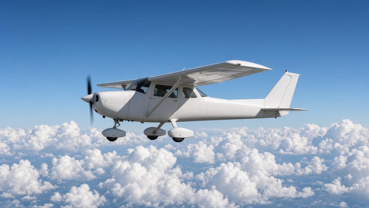 Small two-seat high-wing training aircraft cruising above scattered clouds