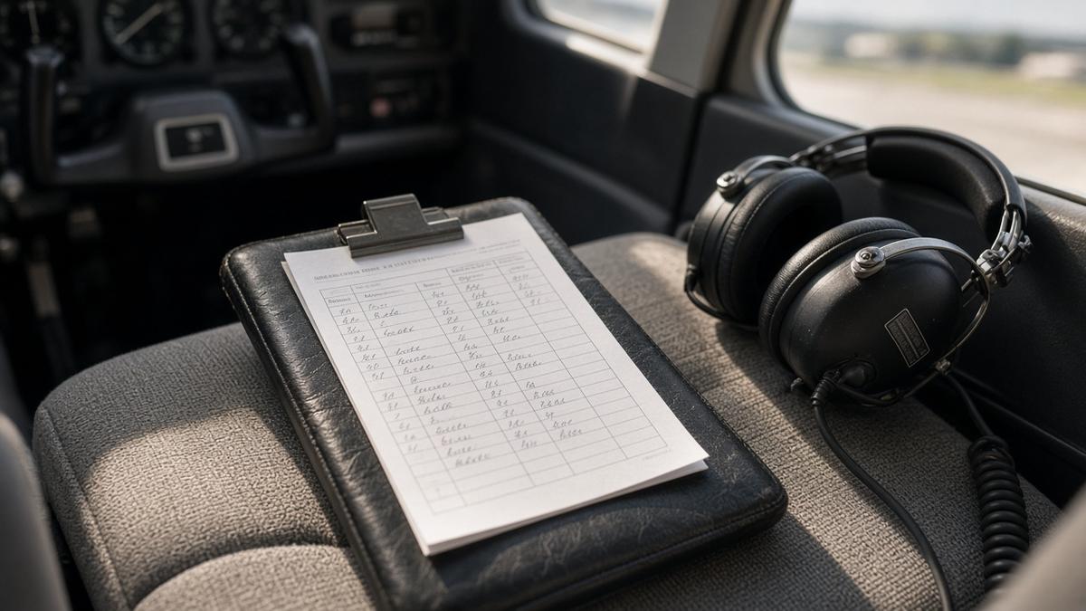 Pilot’s kneeboard with a navigation log and headset resting on the seat of a light aircraft