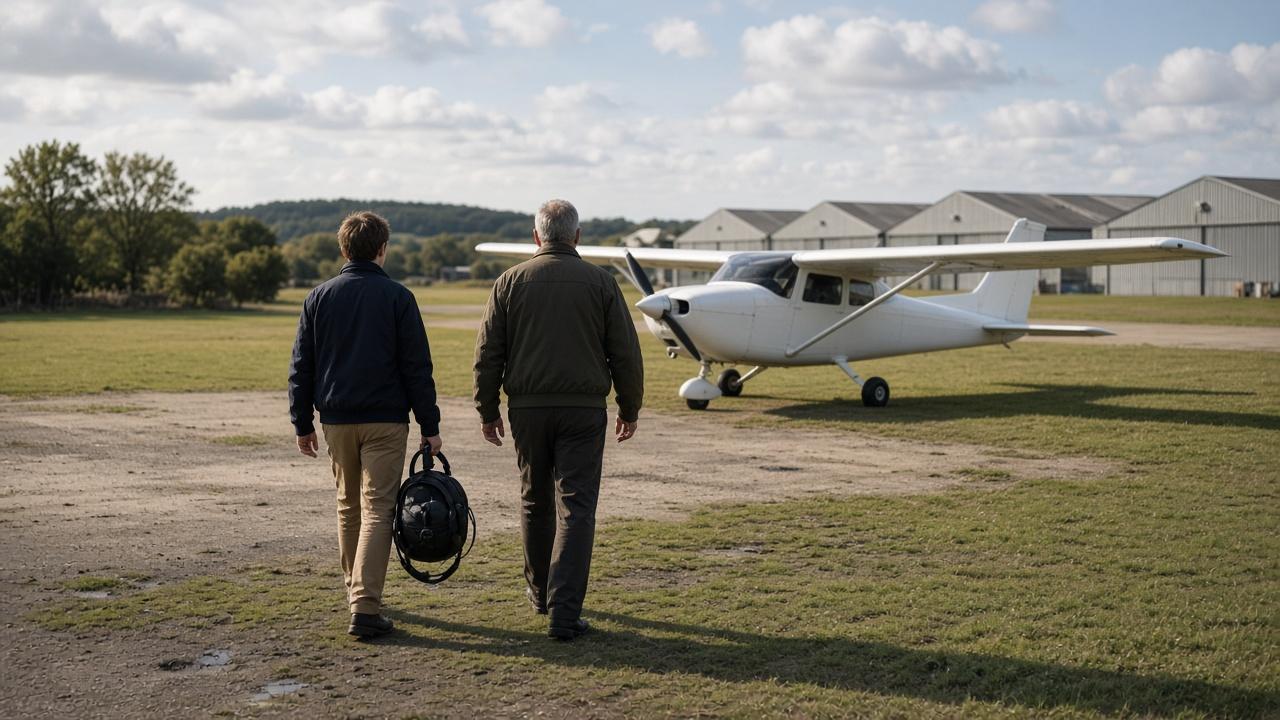 Student pilot and instructor walking out to a training aircraft on a sunny airfield
