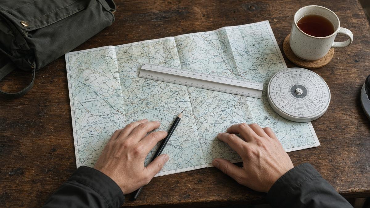 Pilot planning a flight with a VFR chart, ruler and flight computer on a clubhouse table