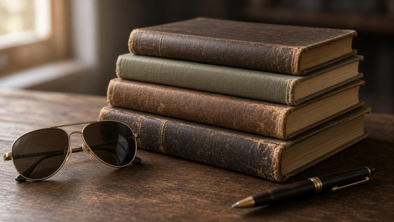 Stack of worn aircraft logbooks on a desk beside a pair of aviator sunglasses