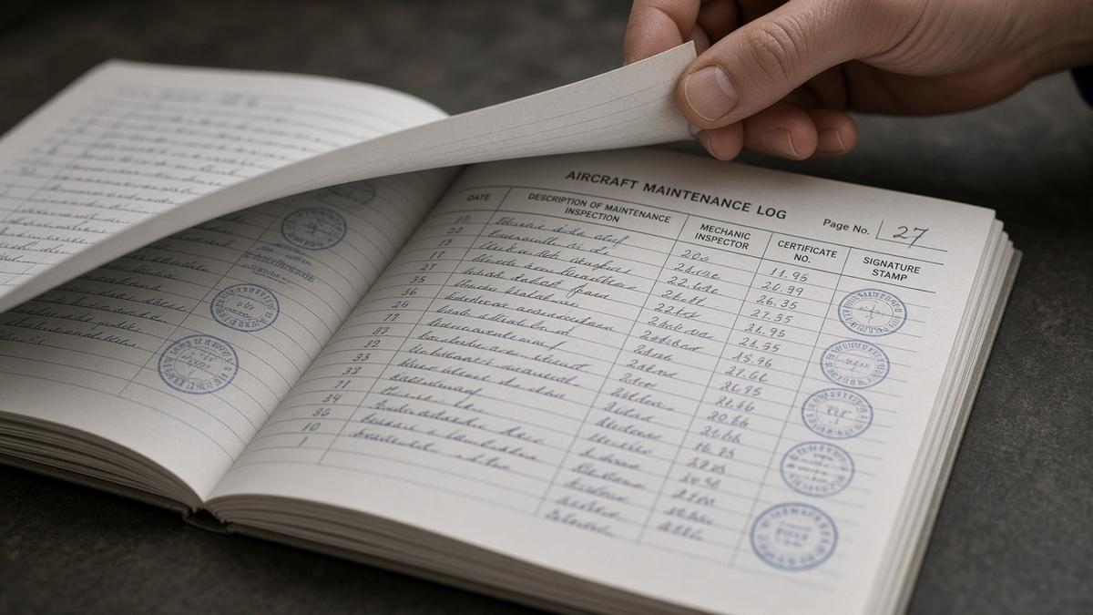 Hand turning the pages of an aircraft maintenance logbook with handwritten entries and stamps