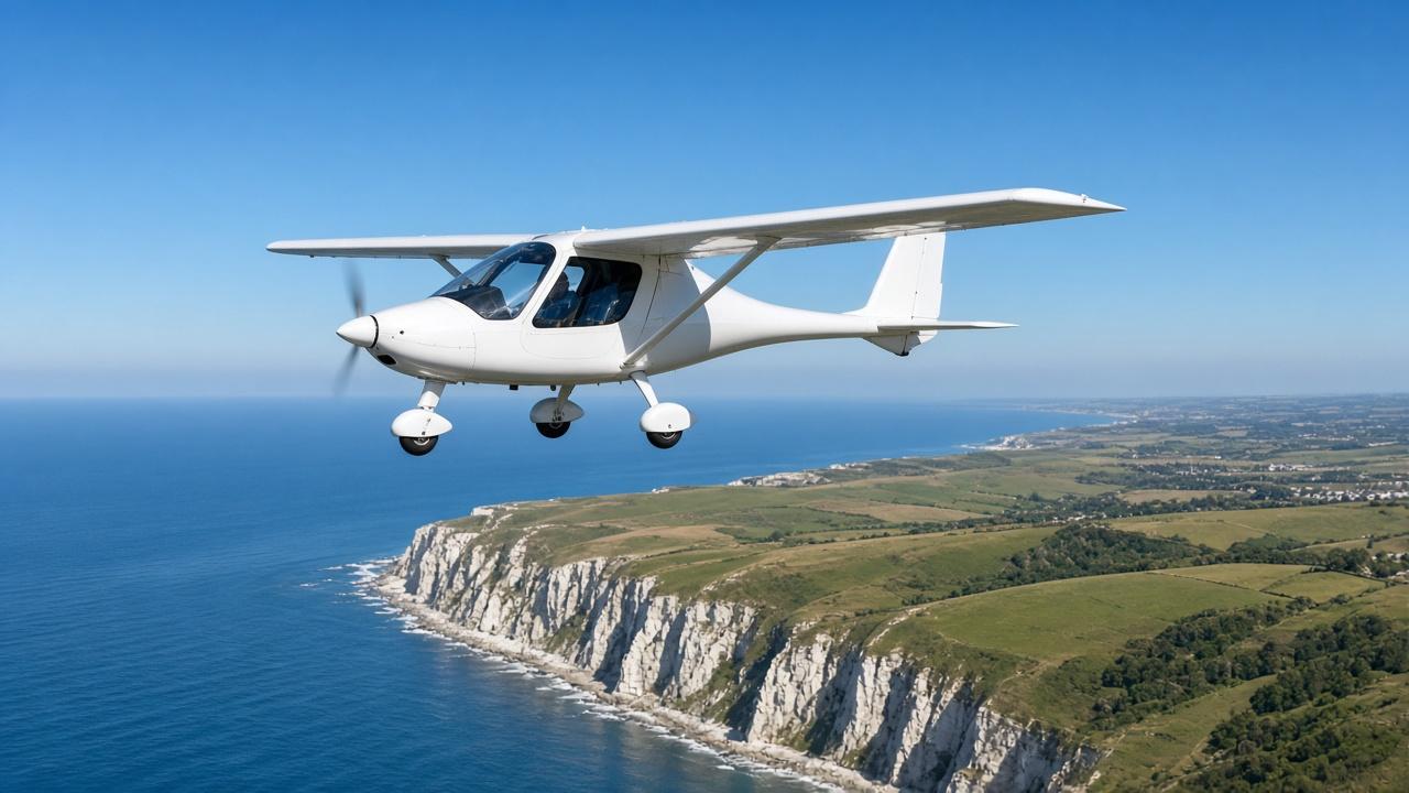 Modern two-seat three-axis microlight aircraft flying over the English coastline on a clear day