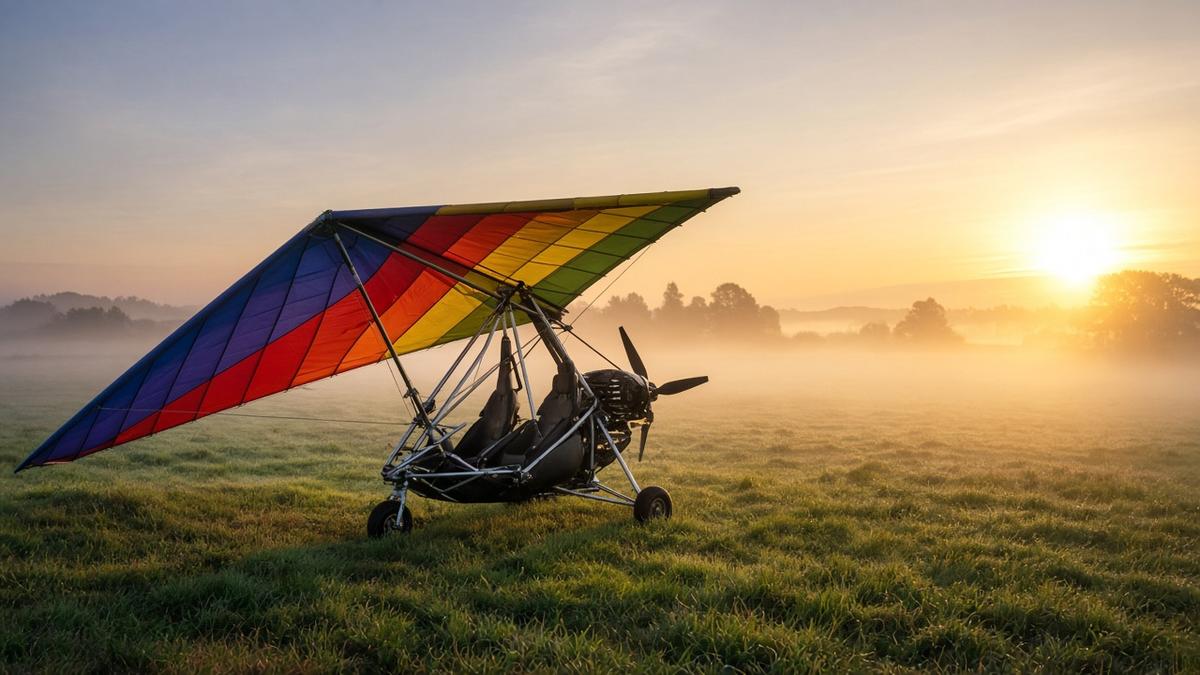Flex-wing weight-shift microlight trike parked on a grass airstrip at sunrise