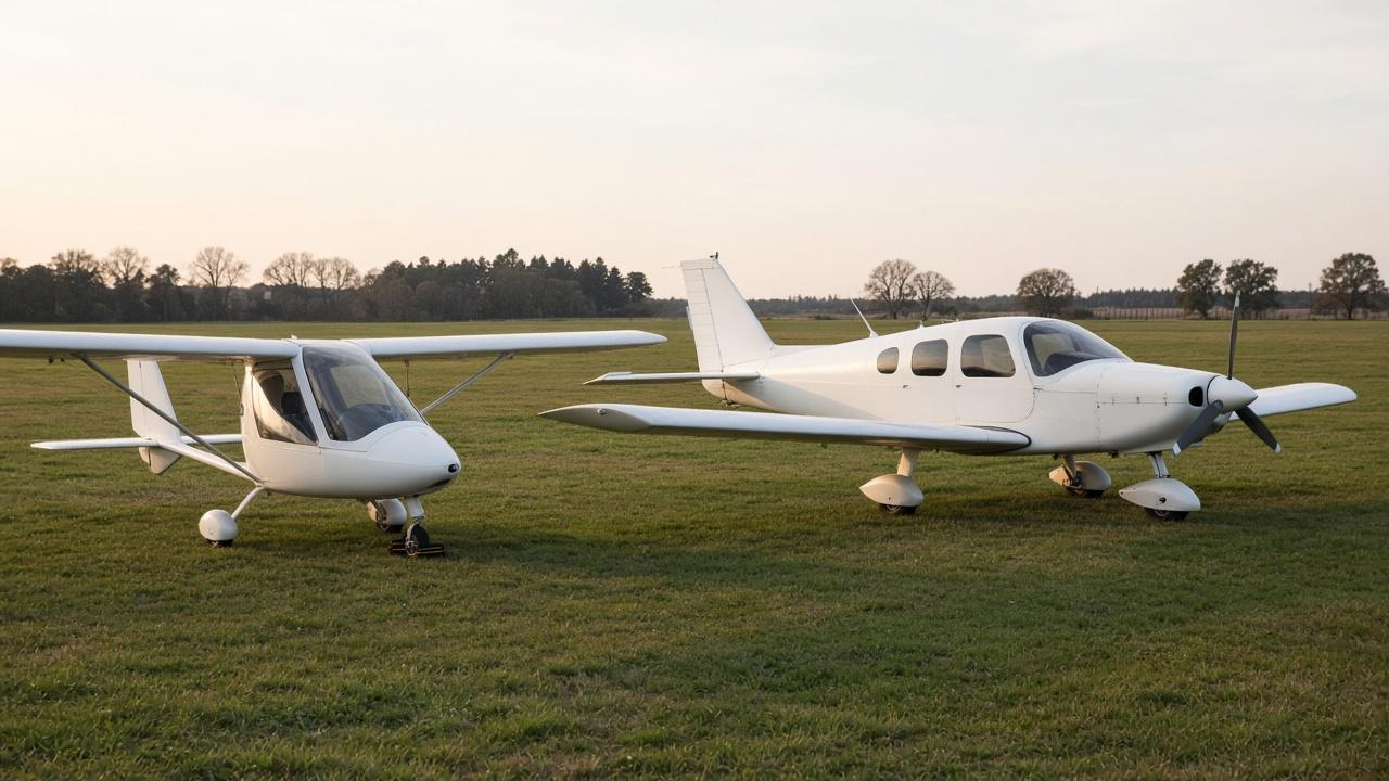 Two-seat microlight parked beside a four-seat light aircraft on a grass airfield