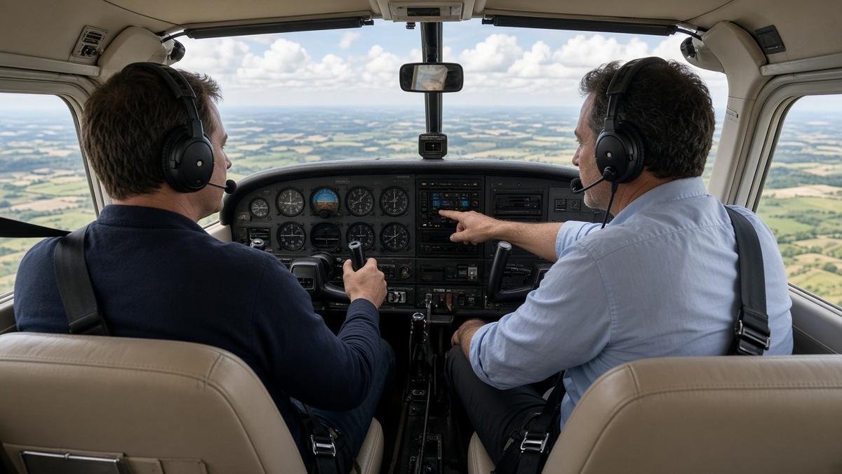 Instructor and pilot in the cockpit of a four-seat training aircraft during a lesson