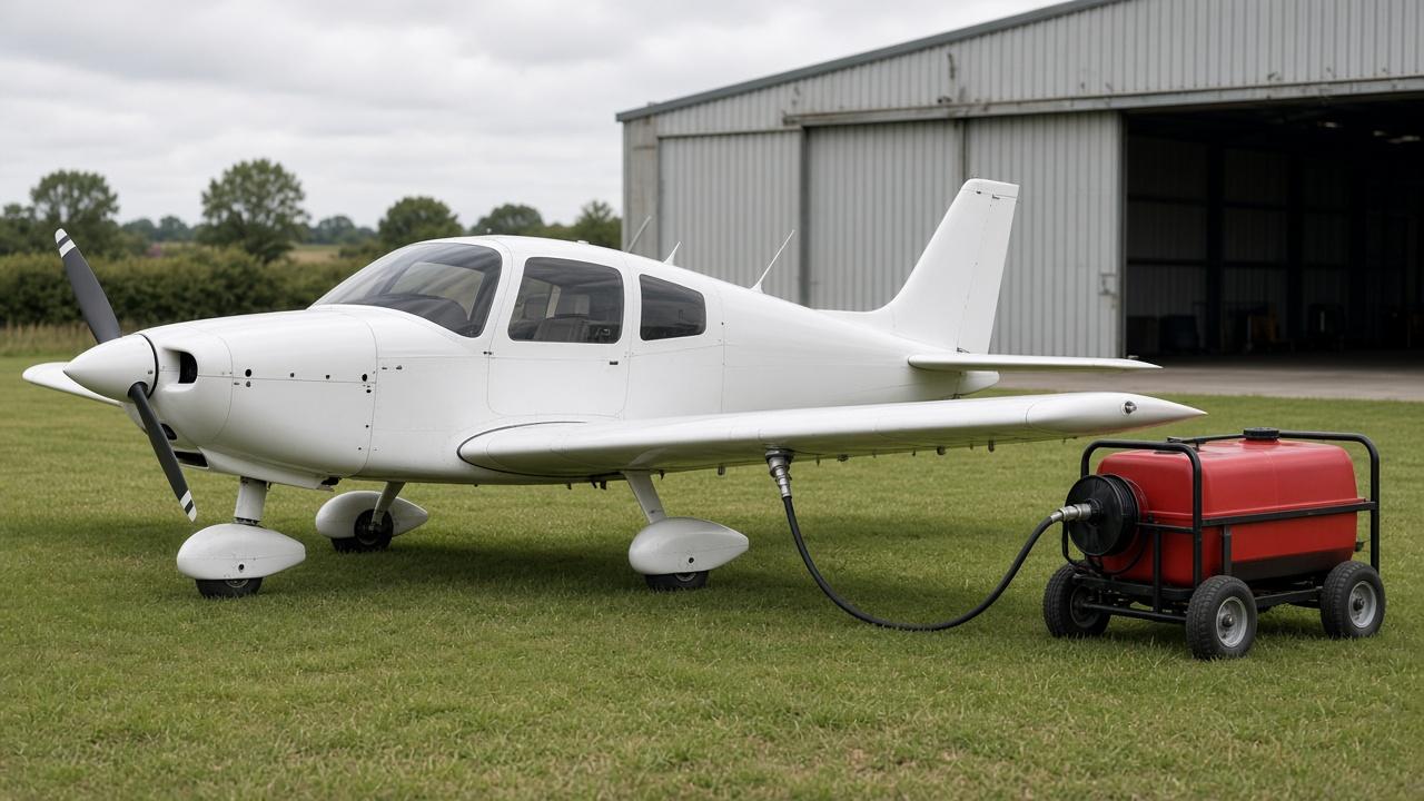 Light aircraft being refuelled from a fuel bowser at a UK airfield