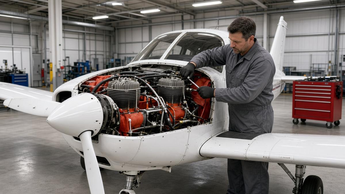Aircraft engineer working on the engine of a light aircraft inside a maintenance hangar