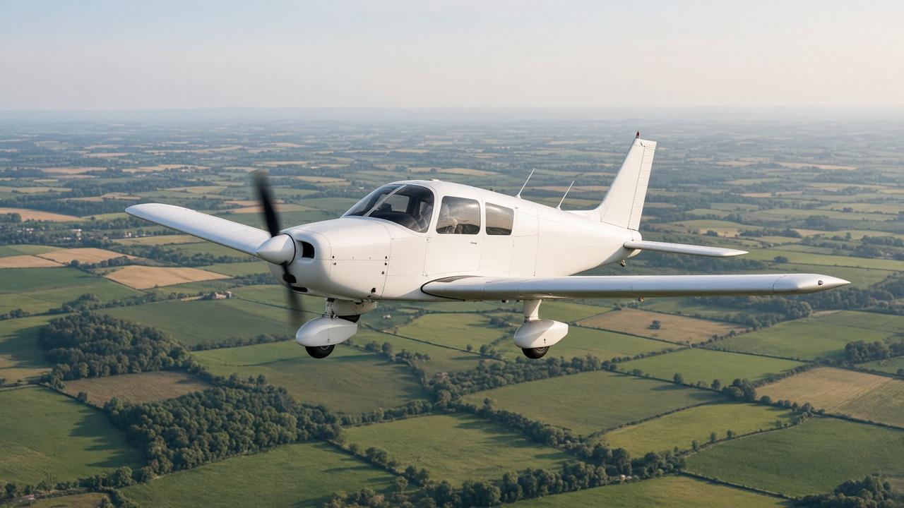 Low-wing four-seat Piper-style aircraft in flight over green English farmland