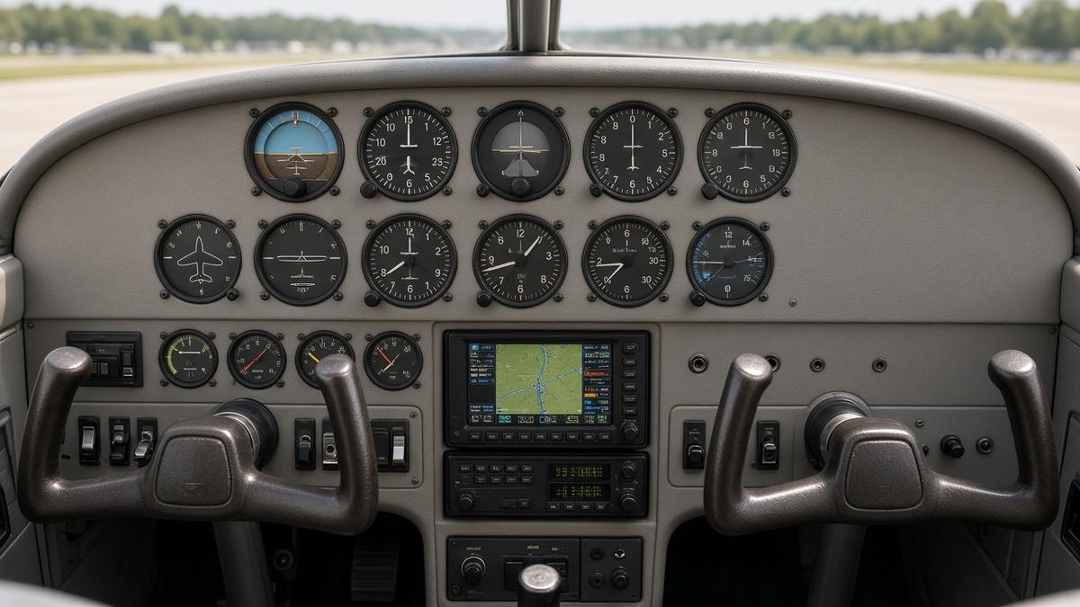 Classic analogue instrument panel of a 1970s four-seat light aircraft with a modern GPS fitted