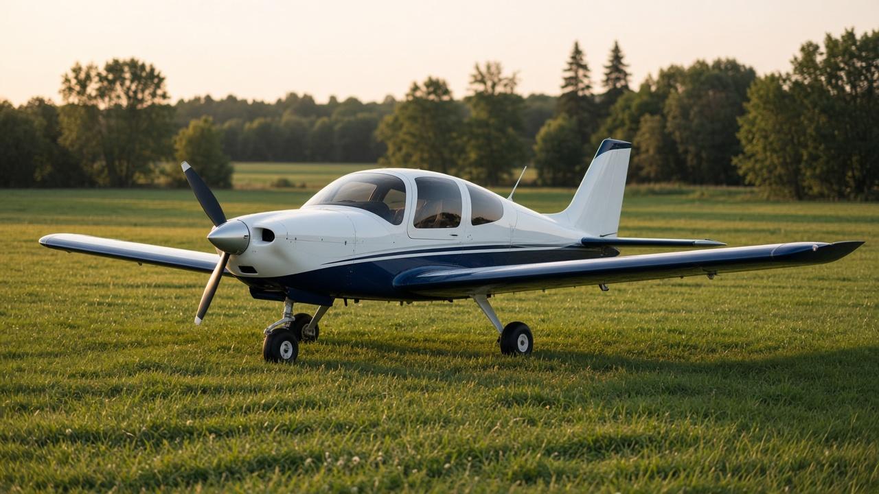 Low-wing light aircraft photographed from a front three-quarter angle on a grass airfield in soft evening light