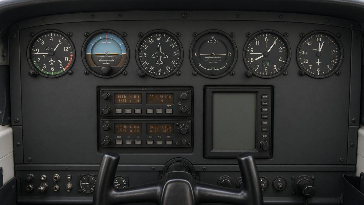 Instrument panel of a light aircraft photographed straight on in even light