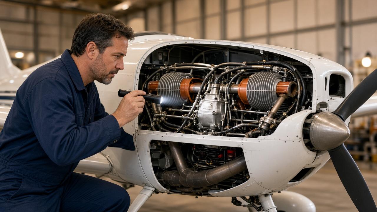 Engineer examining the engine of a light aircraft with the cowling removed in a hangar