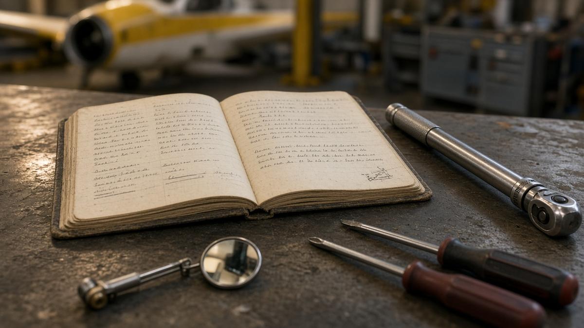Close-up of an aircraft logbook open on a hangar workbench beside inspection tools