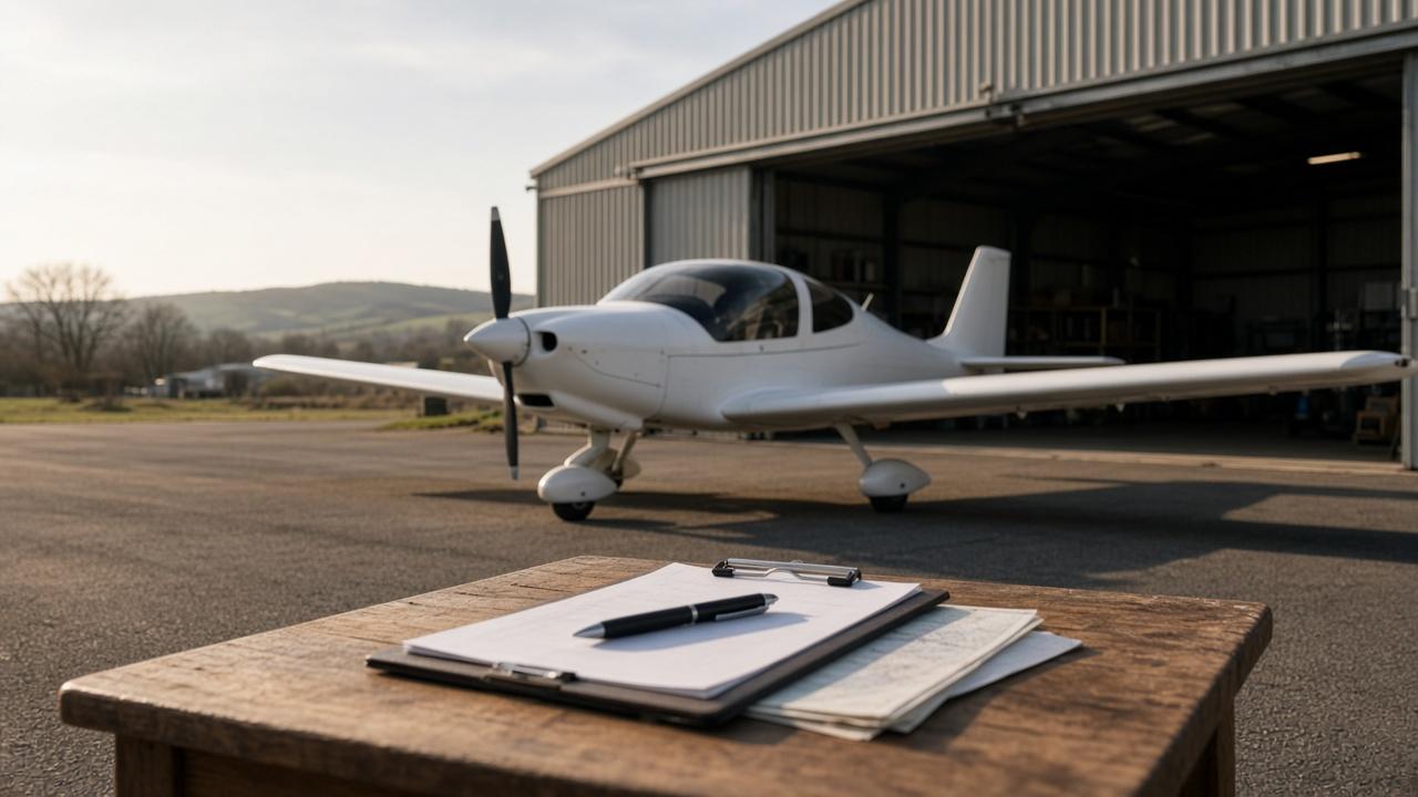 Light aircraft parked in front of an open hangar with a clipboard and notes on a table in the foreground