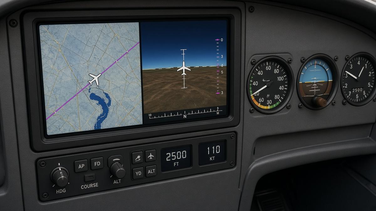 Modern glass cockpit display and autopilot fitted to the panel of a light aircraft