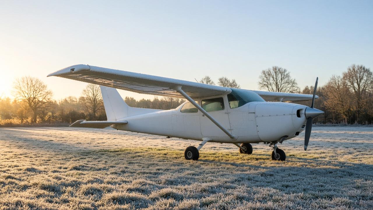Light aircraft on a frosty grass airfield on a clear winter morning