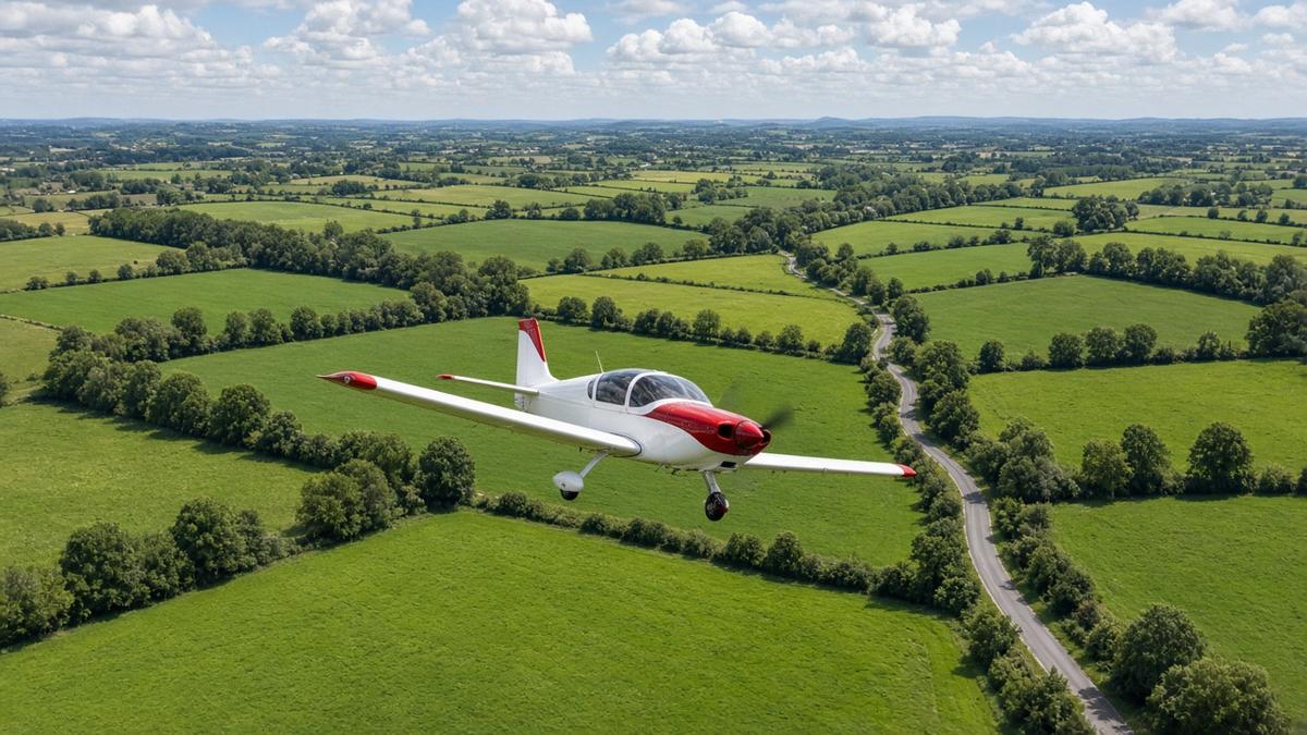 Light aircraft flying over green fields and hedgerows on a bright summer day