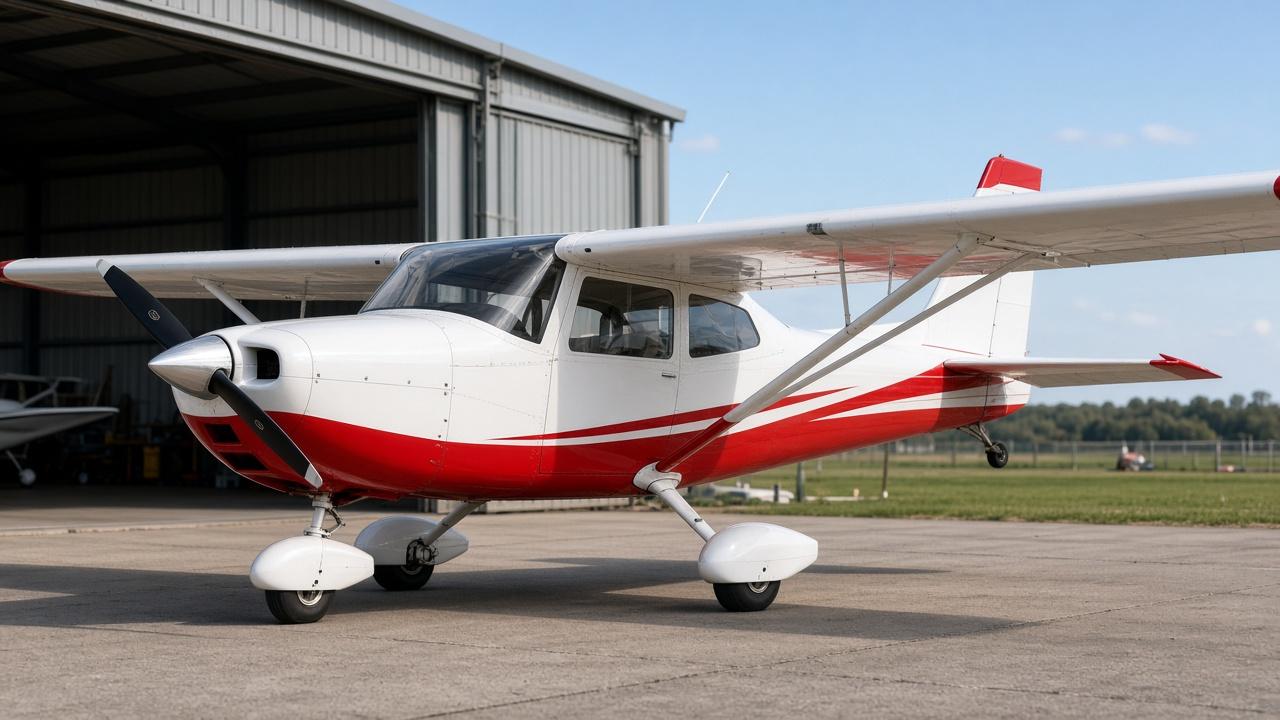 Freshly cleaned single-engine light aircraft gleaming outside a hangar on a bright morning