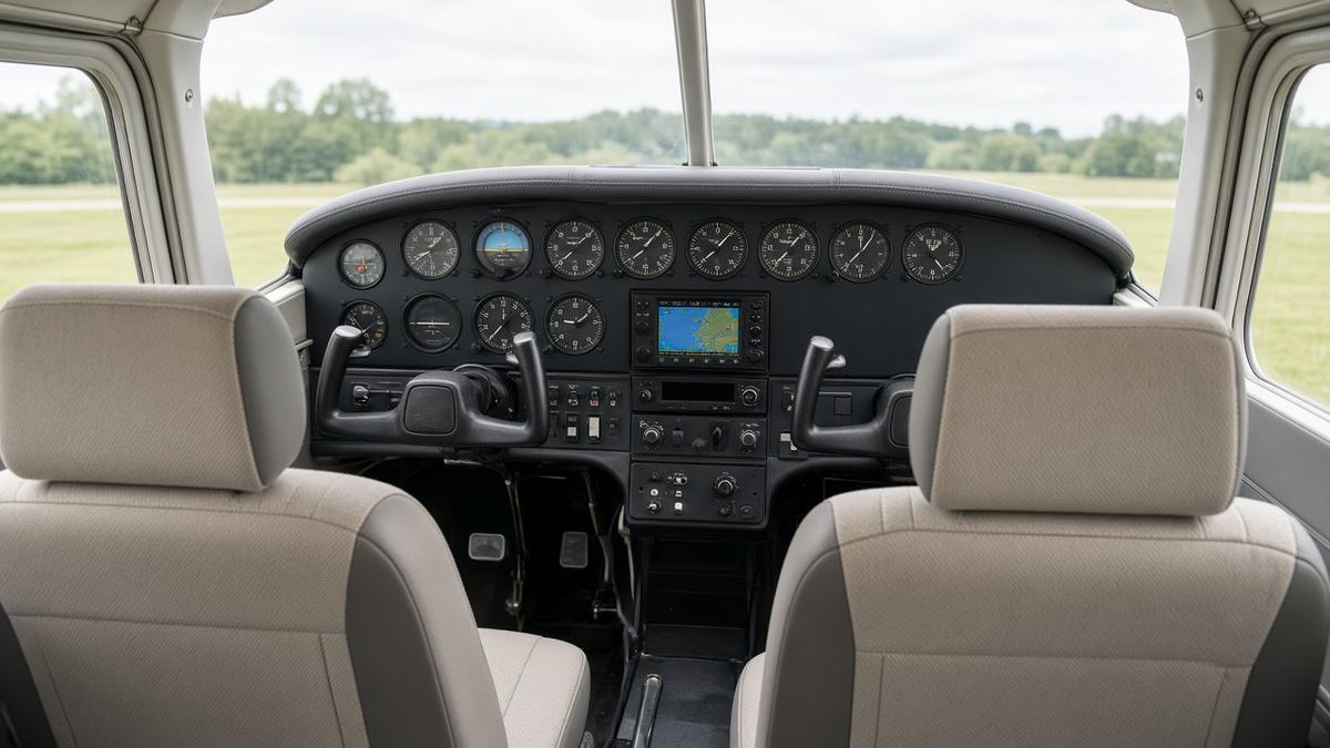 Clean, tidy cockpit of a light aircraft with the instrument panel and seats freshly detailed
